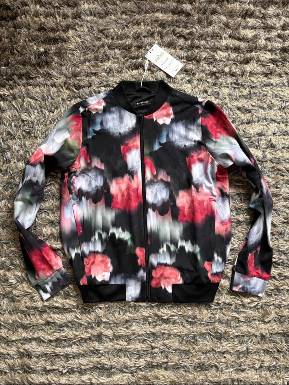 Swing Control Black Floral Zip Bomber Jacket with Red & Green Accents Size S